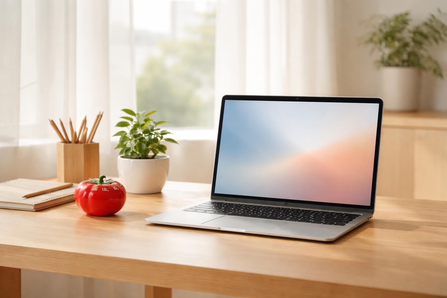 Fókuszált munka közben Pomodoro időzítővel dolgozó személy, jegyzetel, prioritásokat rendez, nyugodt környezetben