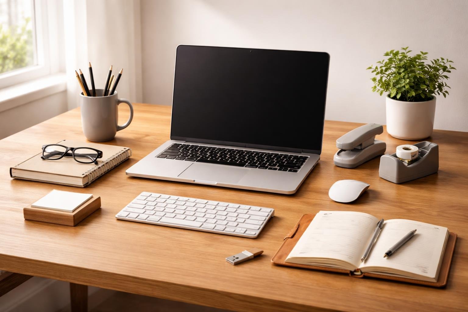 Rendezett irodaasztal, tollak, jegyzetfüzetek, nyomtatópapírok és egyéb nélkülözhetetlen eszközök a mindennapi munkához