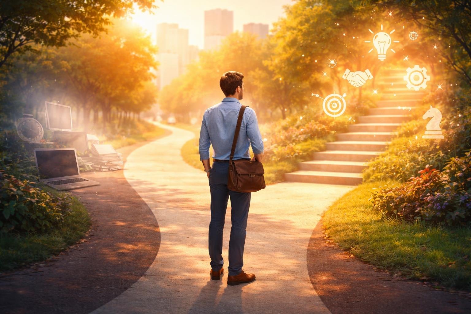 30-as vagy 40-es éveiben járó ember karrierváltásra készülő motiváló jelenete