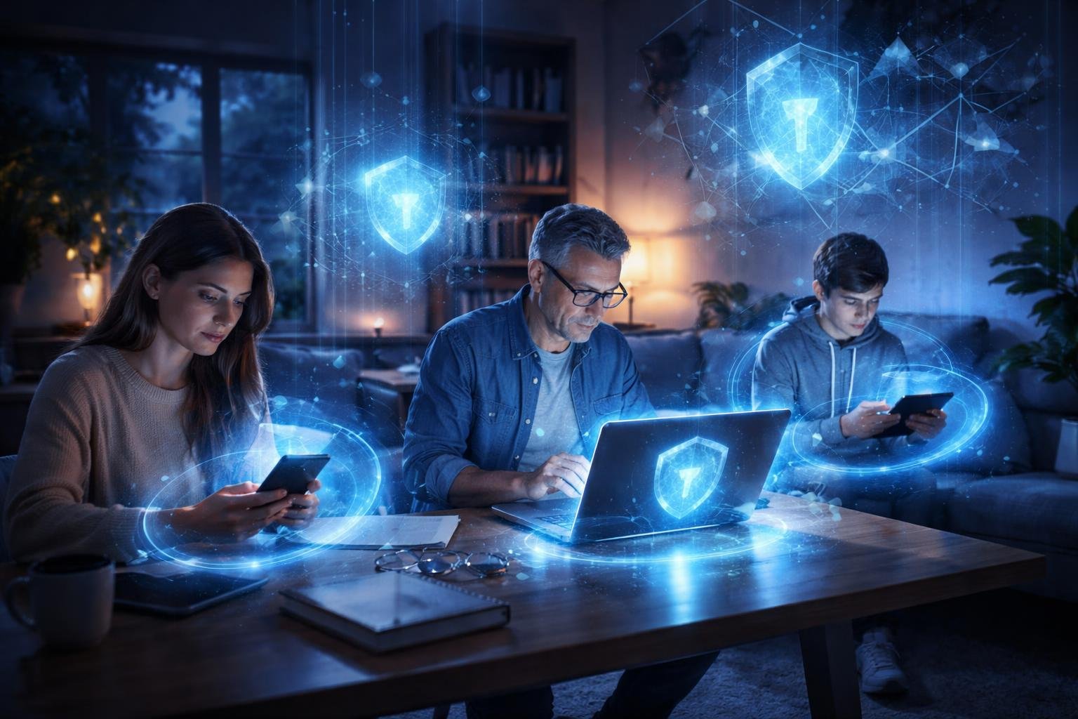 Digitális térben dolgozó emberek, számítógépek, felhők és mesterséges intelligencia jelzésekkel