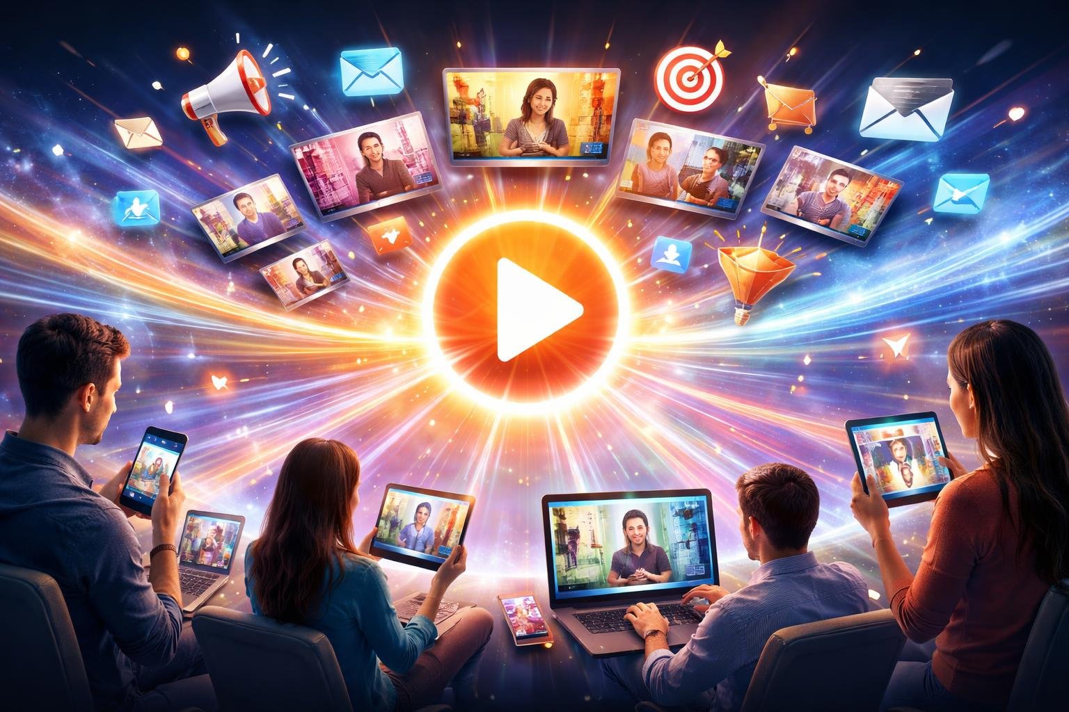 Videómarketinget bemutató dinamikus vizuális grafika közösségi médiában, weboldalakon és hirdetésekben
