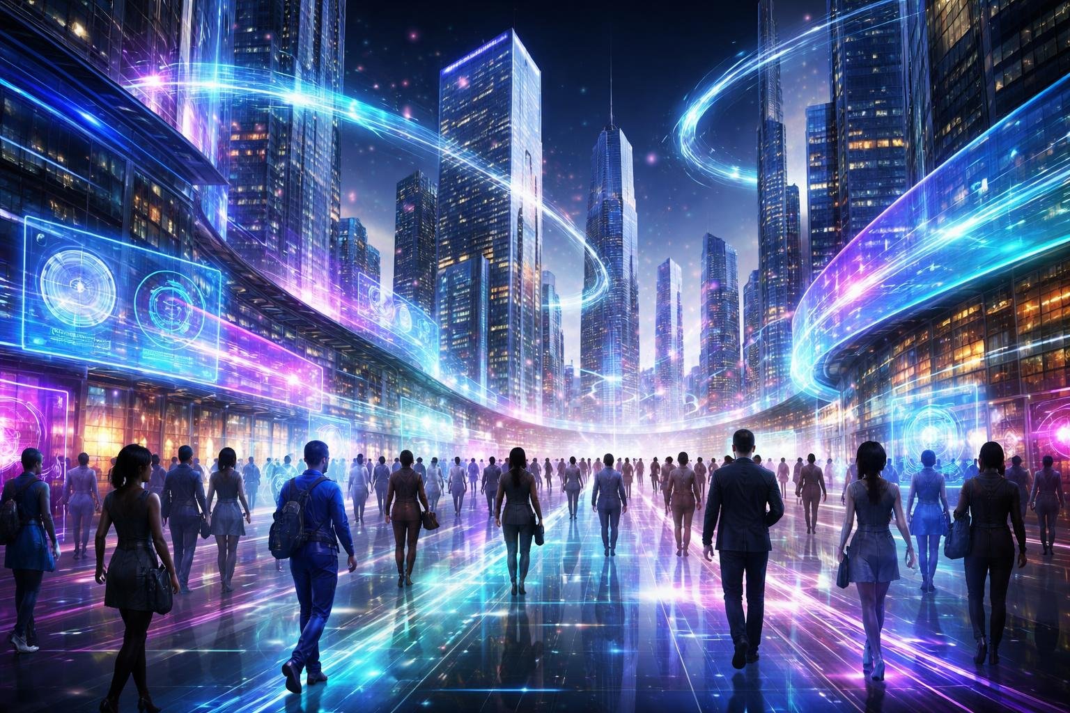 Kék hálózati diagram, avatarok és hologramok egy virtuális térben, felhőalapú adatokkal.